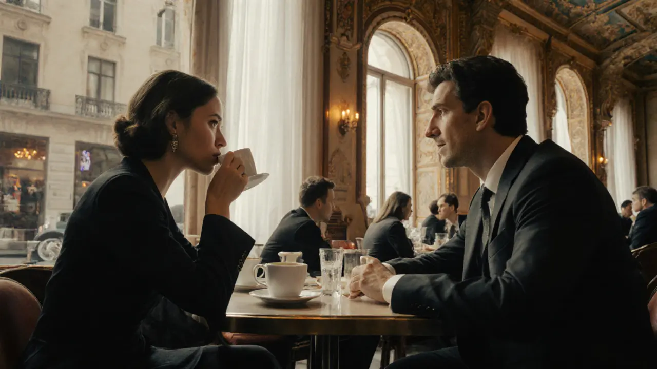 A sophisticated couple having coffee at a classic Viennese café, immersed in calm conversation.