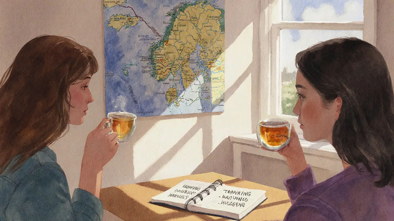 A survivor sitting with a counselor in a sunlit support center, a map of Europe on the wall behind them.