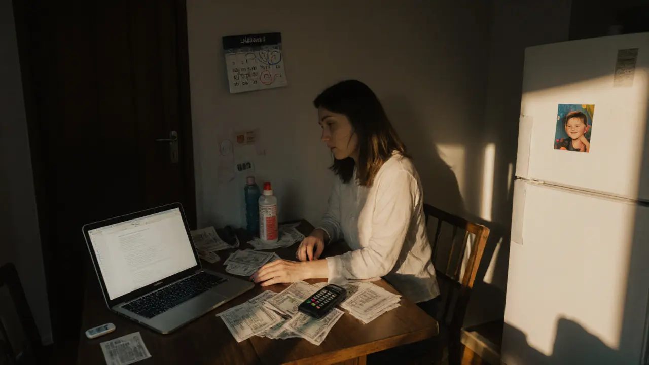 A woman sits at a kitchen table in Vienna surrounded by bills, a burner phone, and a child&#039;s photo on the fridge.