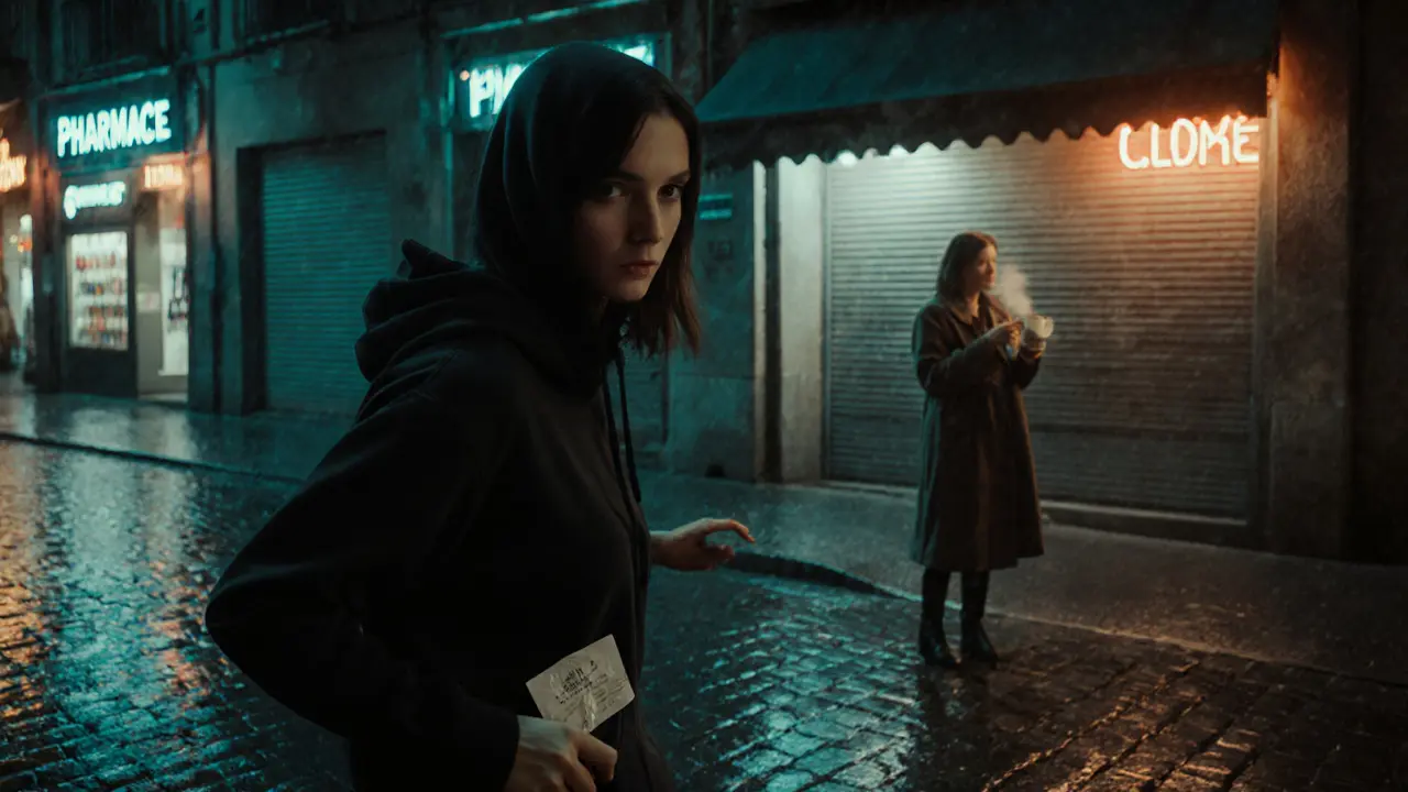 A woman walks through a rainy Barcelona street at night, glancing back warily, a stranger signals from across the road.