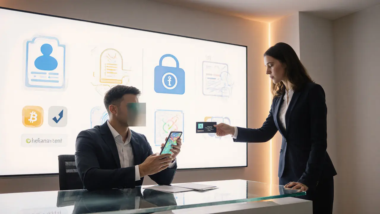 Agency office scene showing encrypted messaging and secure payment icons.