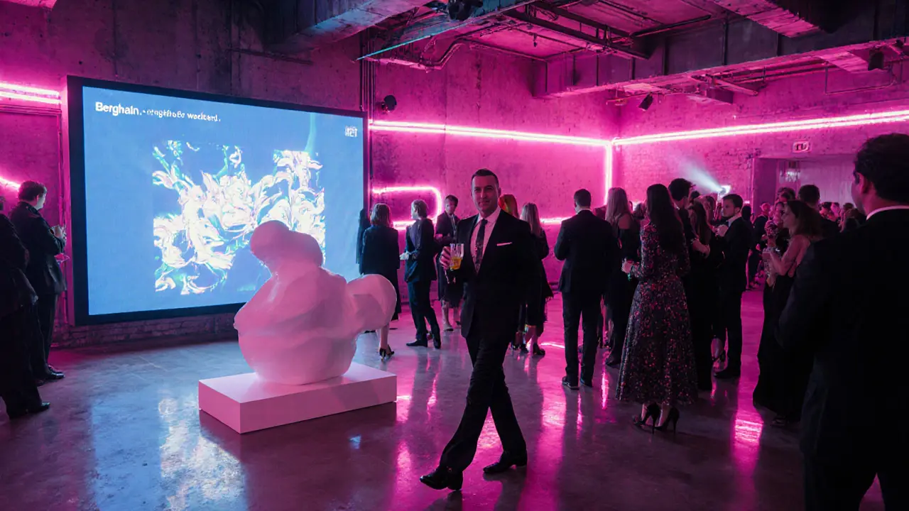 Berlin gallery opening with neon lighting, digital art, and an escort host among guests.