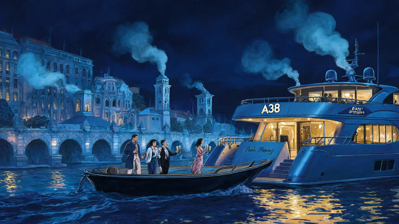 Budapest river scene with a yacht, thermal baths, club, and a classy escort among friends.