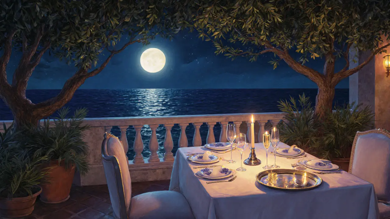 Candlelit private dining terrace in Venice with champagne on a silver tray, moonlit sea, and olive trees, empty but inviting.