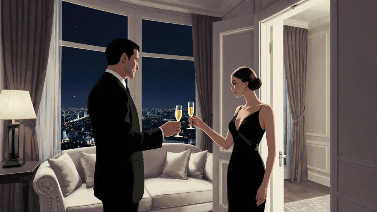 Client offering champagne to elegantly dressed woman in upscale hotel suite.