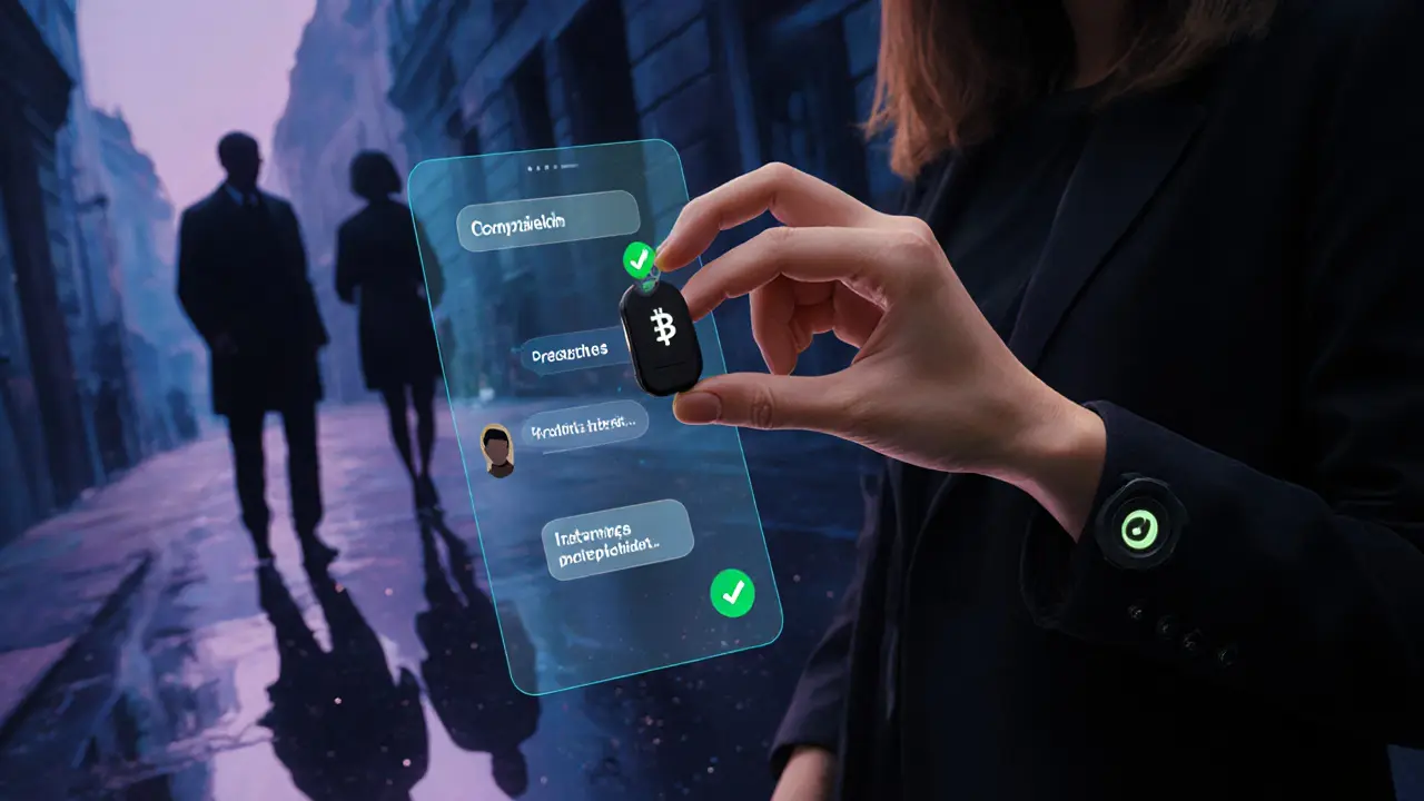 Close-up of secure token and discreet chat overlay, hinting at safety measures.