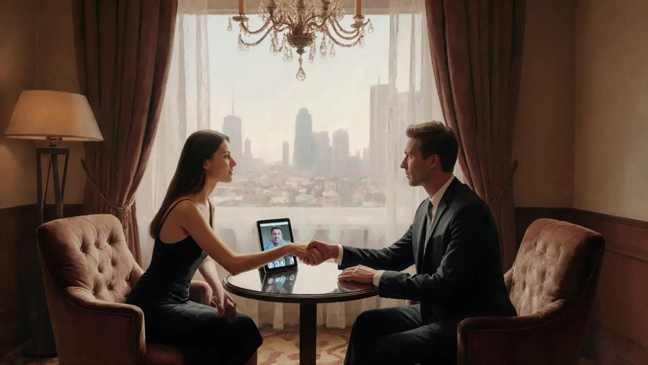 Discreet hotel lounge meeting between elegantly dressed woman and man with tablet.