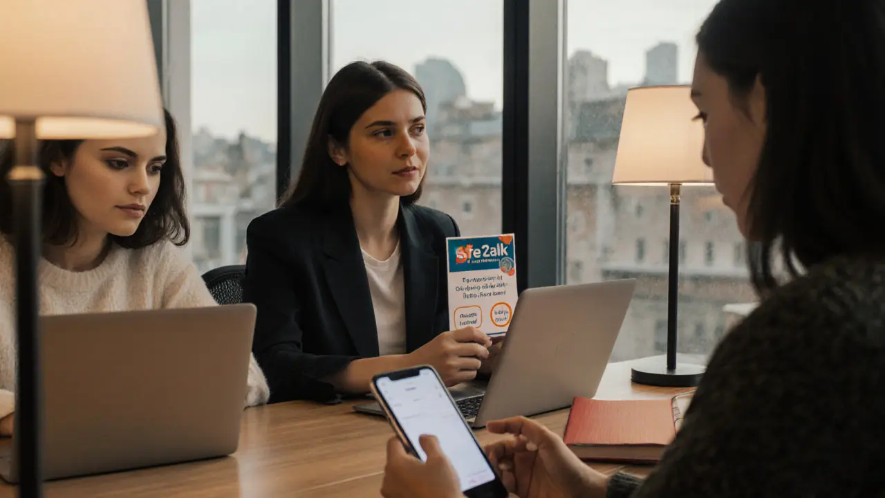 Diverse female sex workers collaborating in a co-working space using safety tools.