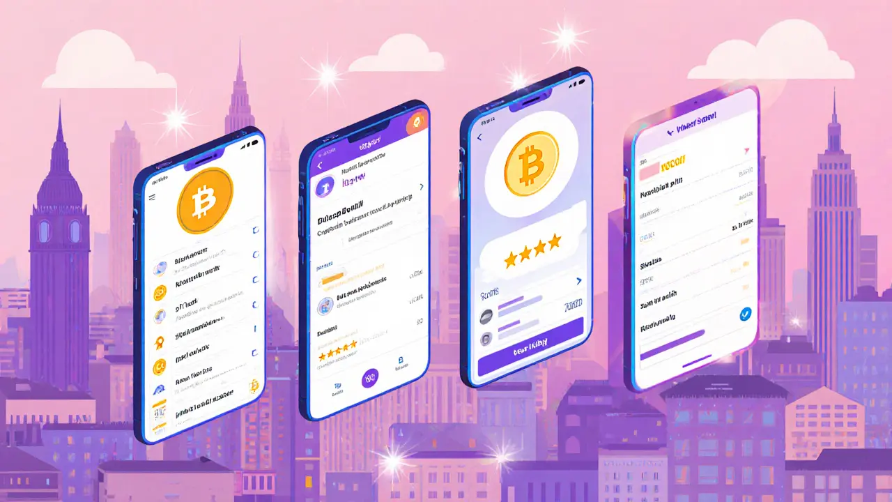Four floating phone screens showing platform safety features in illustration.