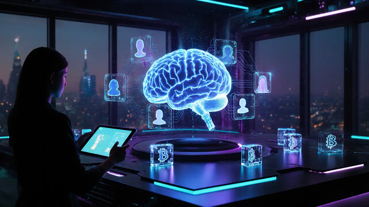 Futuristic holographic AI matchmaking with blockchain cubes and wellness coach.