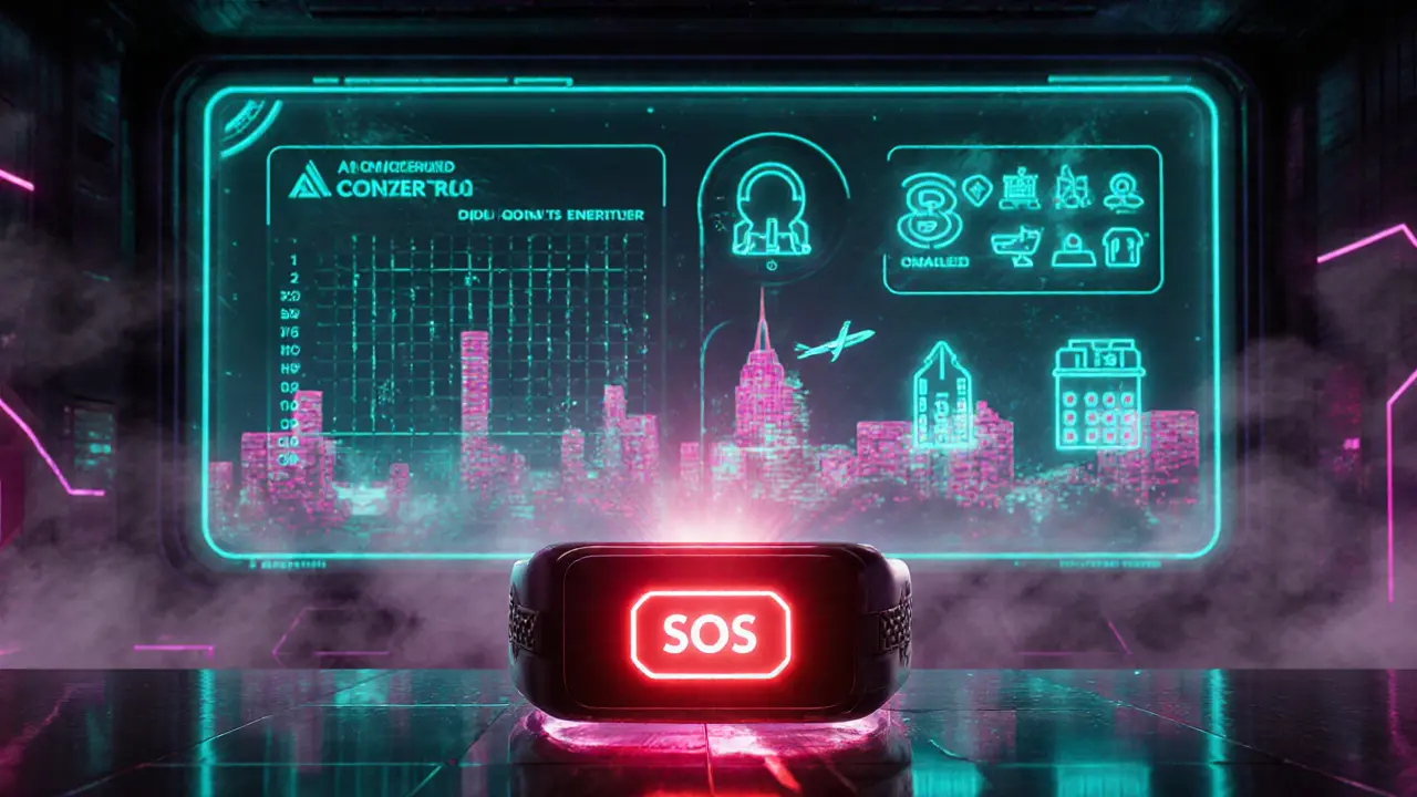 Futuristic holographic dashboard showing AI matching, blockchain ID, and SOS button.