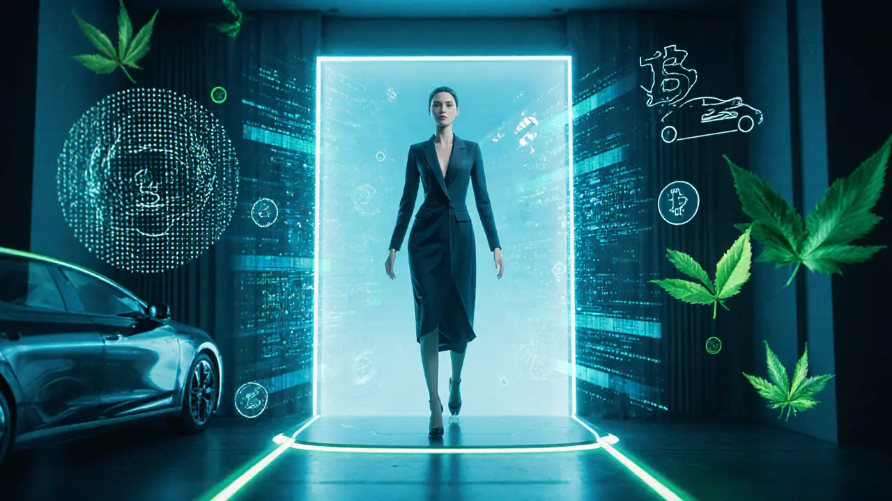 Futuristic scene of a companion avatar with holographic verification and eco‑travel icons.