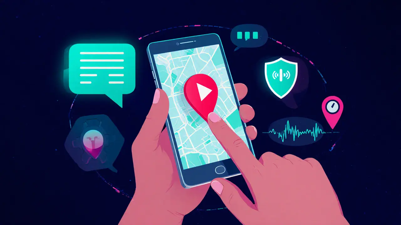 Hand pressing a panic button on a phone with GPS and AI chatbot icons nearby.