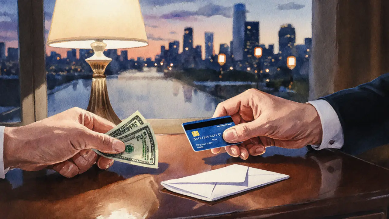 Hands exchanging cash envelope and credit card on desk, soft lamp light.