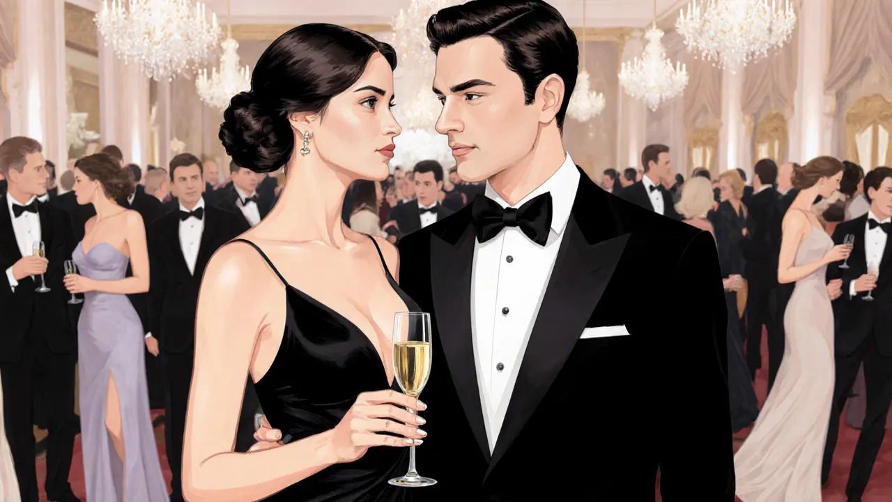High-end escort in elegant gown accompanying a client to a sophisticated gala in Geneva.