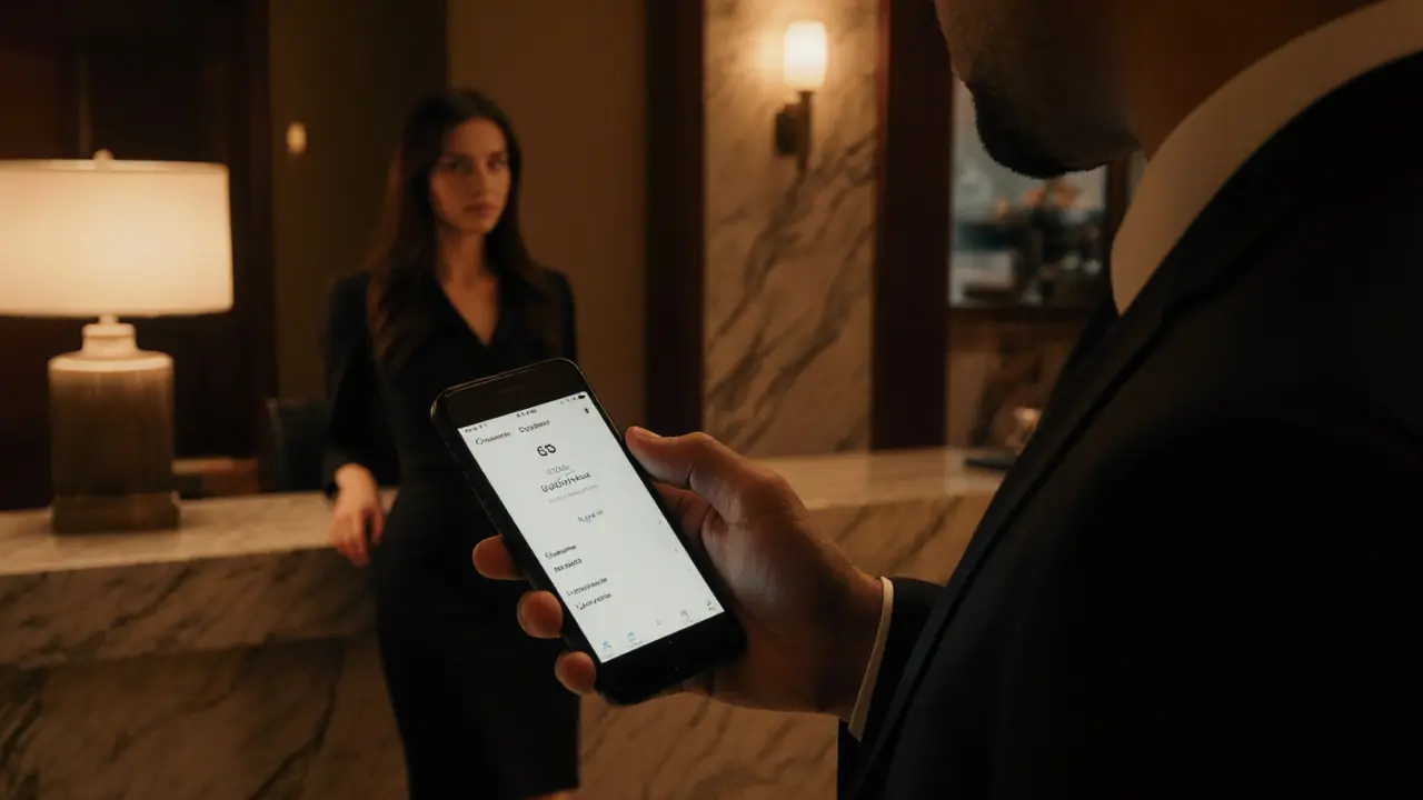 Hotel lobby scene showing a man using a phone and a poised woman waiting discreetly.