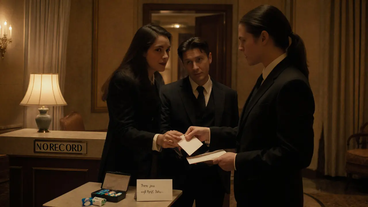 Hotel lobby with discreet check‑in, tip envelope, and thank‑you note.