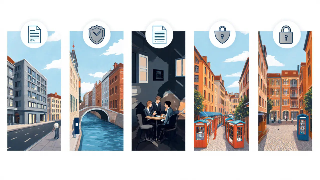 Illustrated five‑panel view of European cities showing varied regulations.