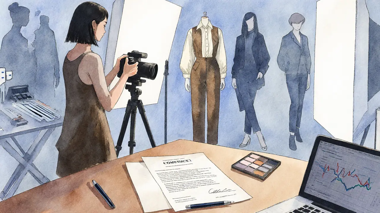 Illustration of a studio collaboration with a photographer, outfit, and contract.