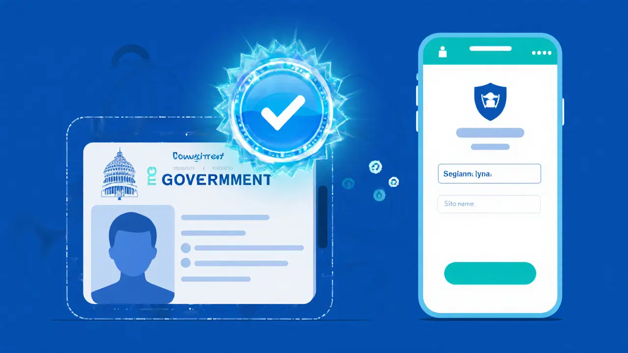 Illustration of ID card, video call, and verification badge beside a profile card.