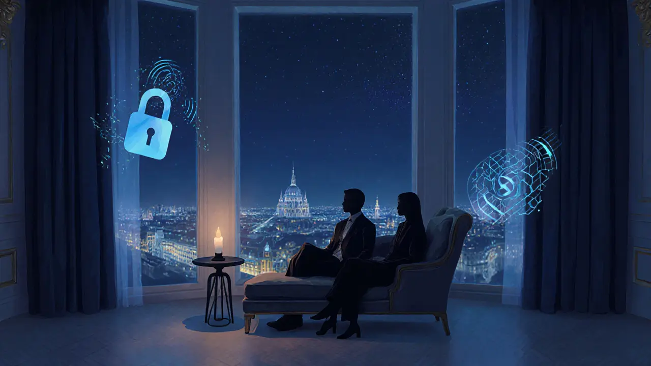 Luxurious hotel suite at night with a silhouetted couple and subtle privacy symbols.