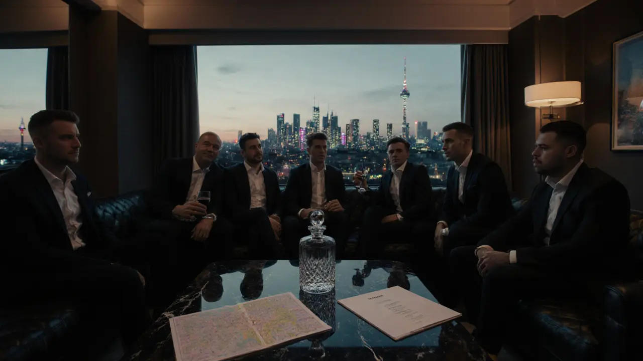 Luxurious hotel suite overlooking Berlin nightlife with friends, escort, and celebration vibe.