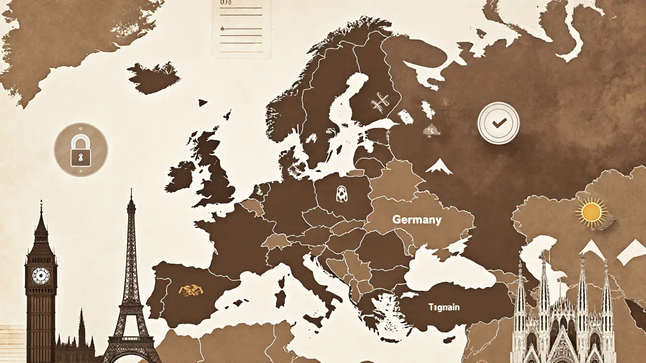 Map of Europe with subtle symbols indicating differing escort regulations.