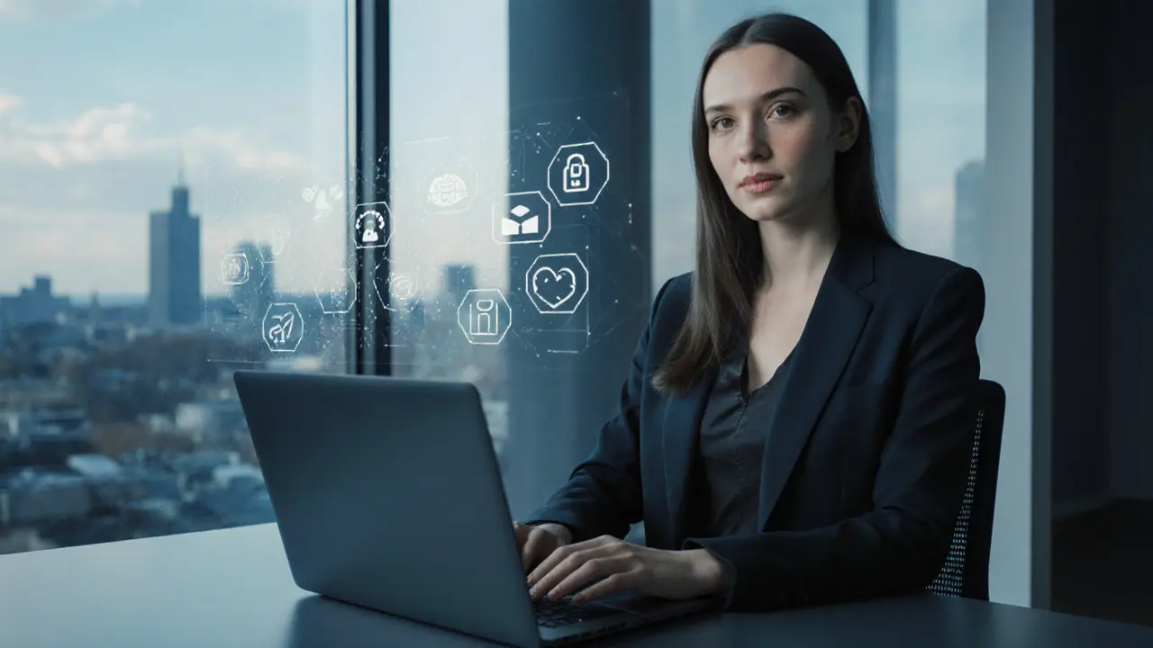 Modern Scandinavian escort speaking to camera in a minimalist apartment with city view.