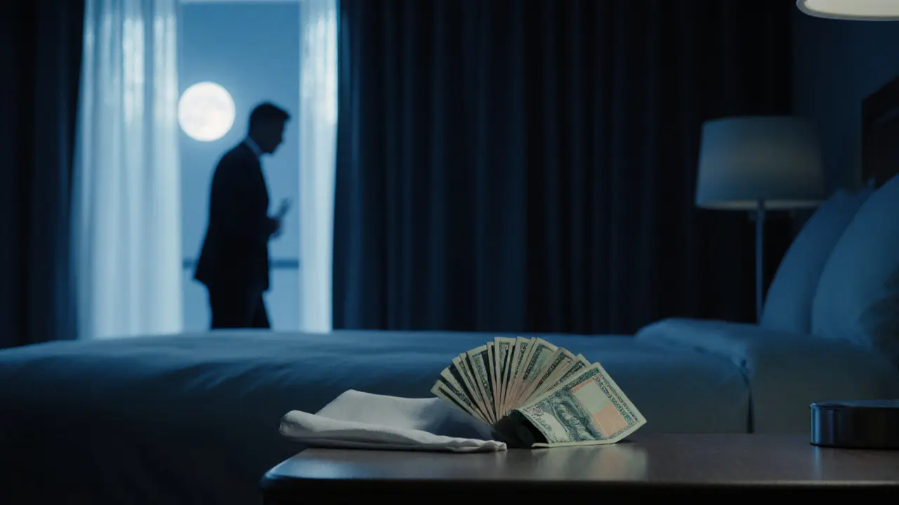 Nighttime hotel scene showing a tip on a nightstand and silhouettes parting under moonlight.