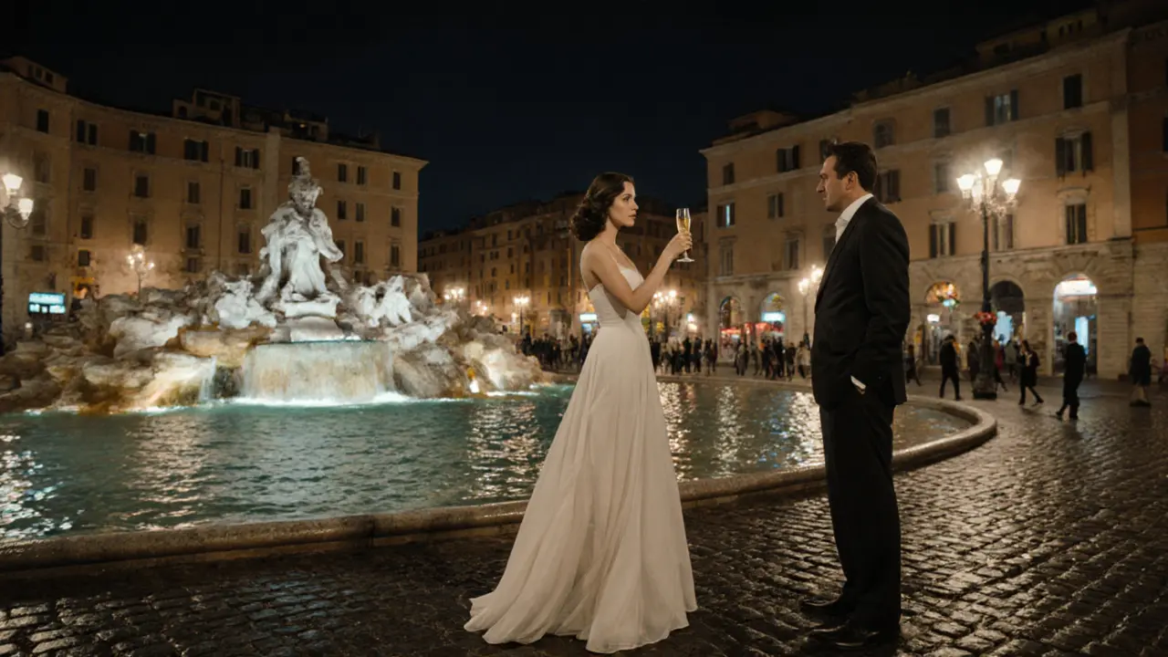 Nighttime Rome scene with a glamorous escort by the Trevi Fountain, champagne in hand.