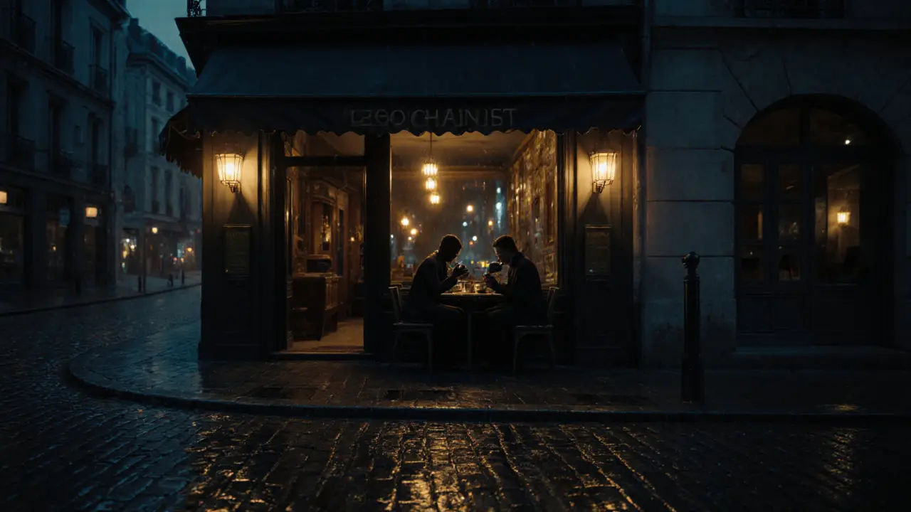 Noir night street café with two silhouettes meeting discreetly.