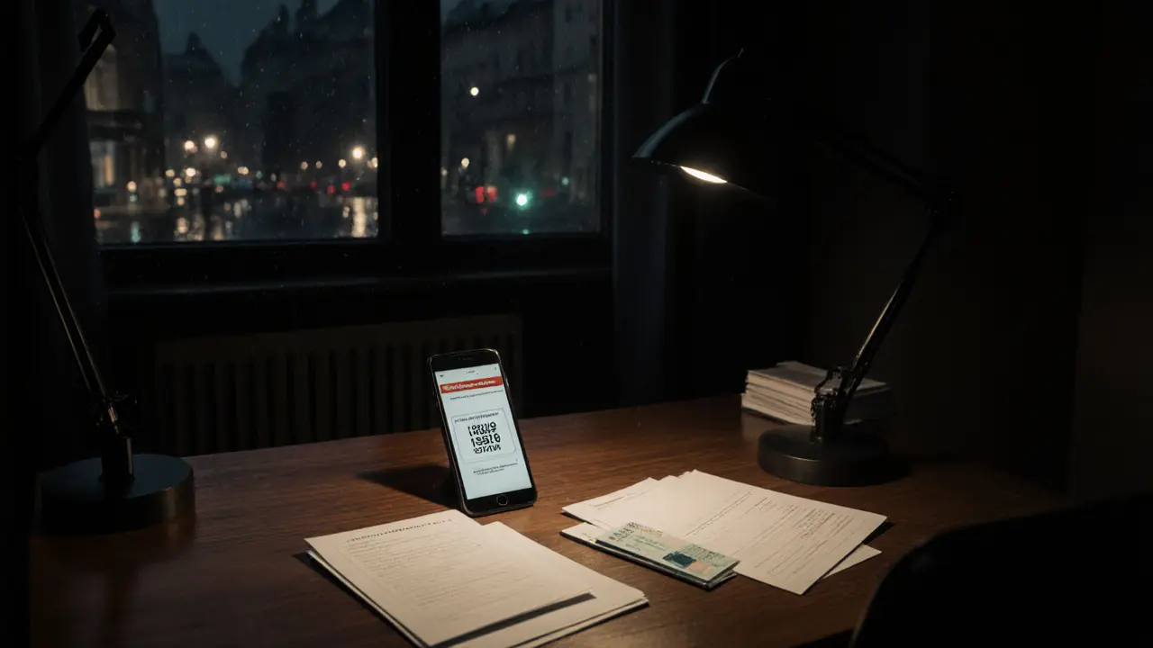 Noir‑style agency office showing verification documents and a phone.