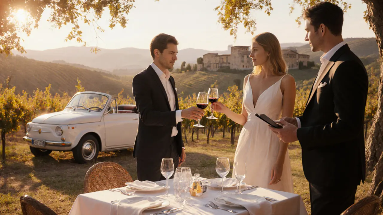 Outdoor Tuscan vineyard dinner with a companion and a concierge planning an itinerary.