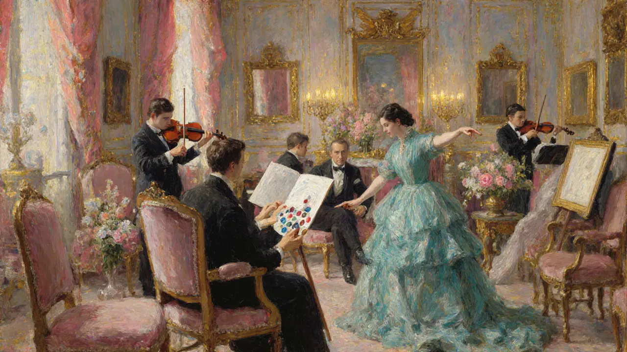 Parisian salon with a hostess, painters, and gas lamps evoking impressionist ambiance.