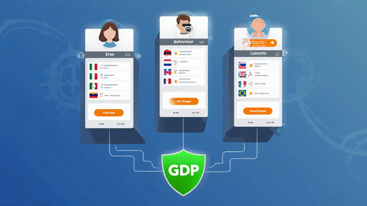 Side‑by‑side UI comparison of three escort platforms with verification and GDPR symbols.