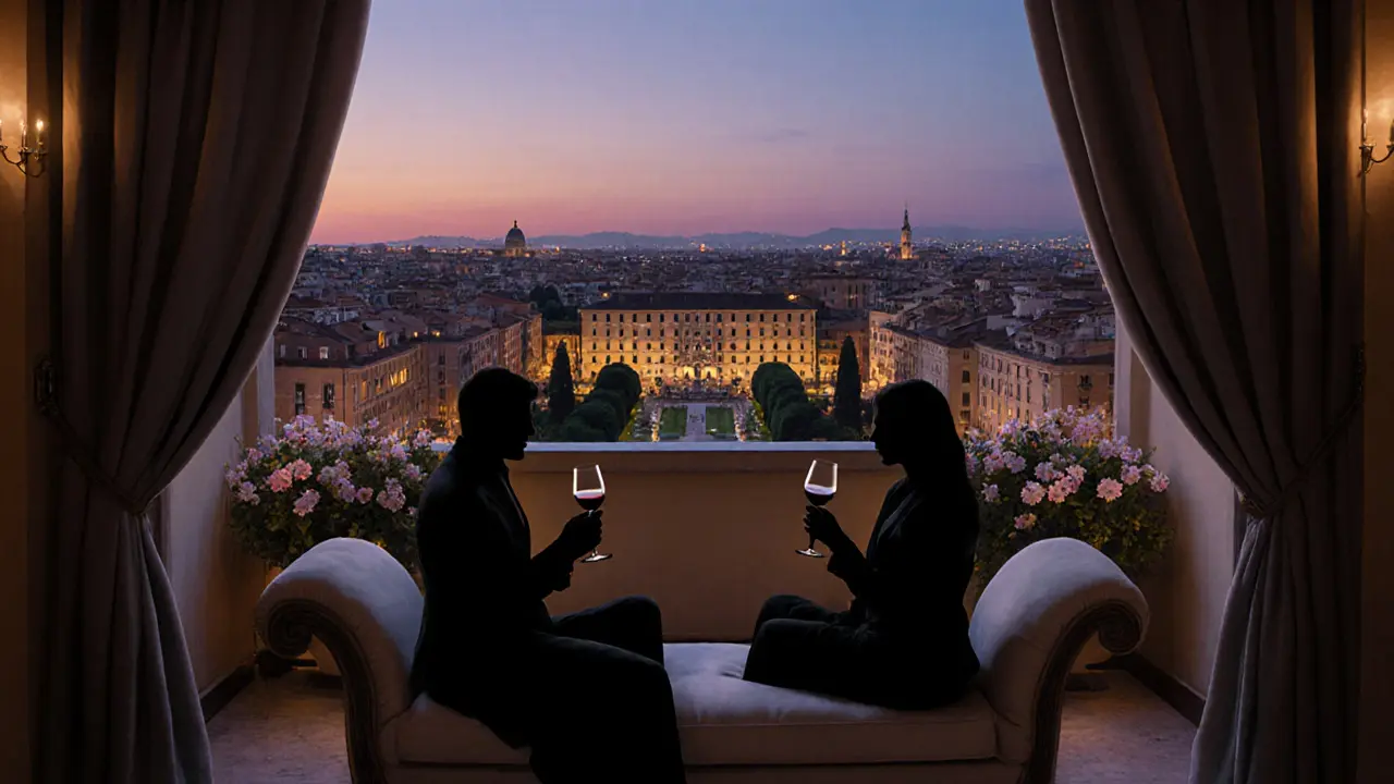 Silhouetted figures on a Rome rooftop terrace at dusk, overlooking city lights and jasmine-scented air, serene and private.