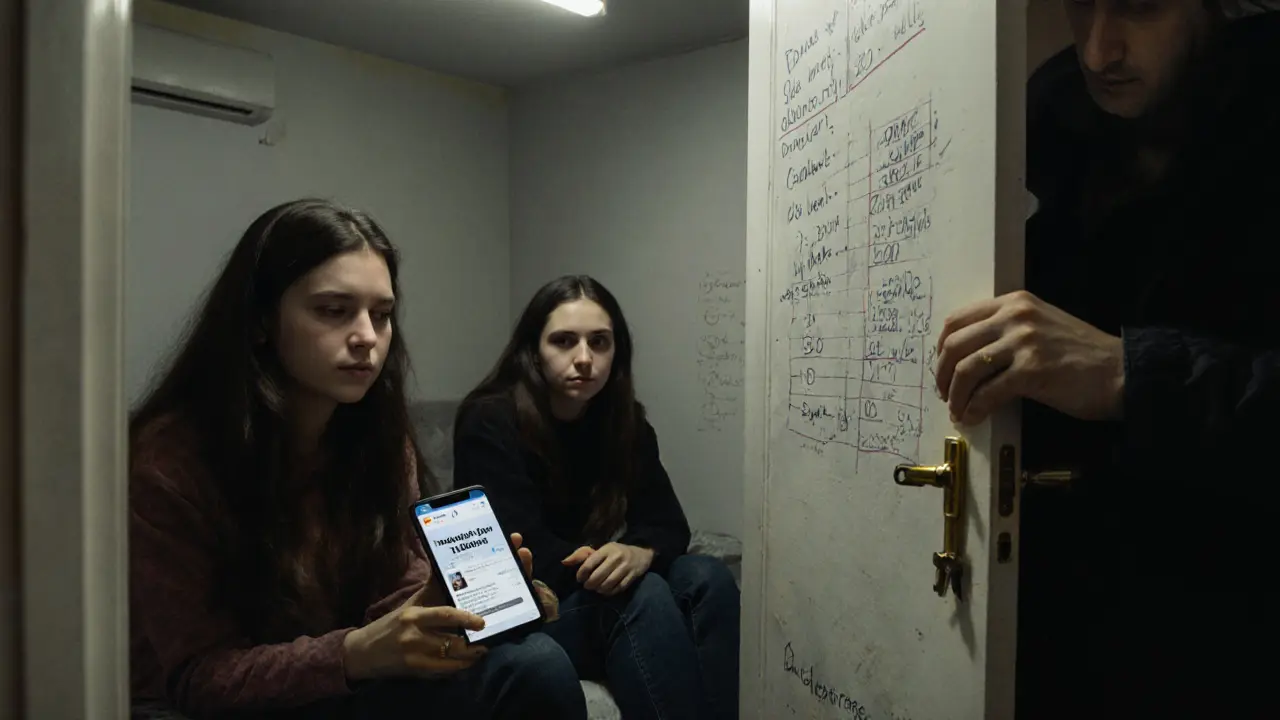 Three women in a cramped apartment under harsh light, one holding a phone with a modeling ad, a man&#039;s shadow on the door.