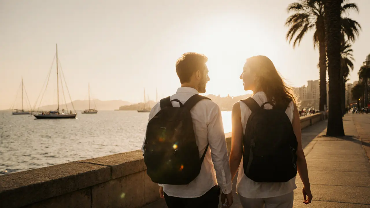 Travel escort and client walking together along a sunset-lit seaside promenade in Barcelona.