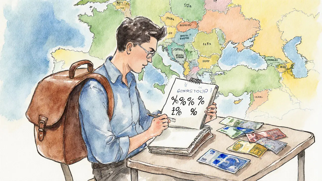 Traveler at a café table with notebook, spread of European currencies, and blurry map background.