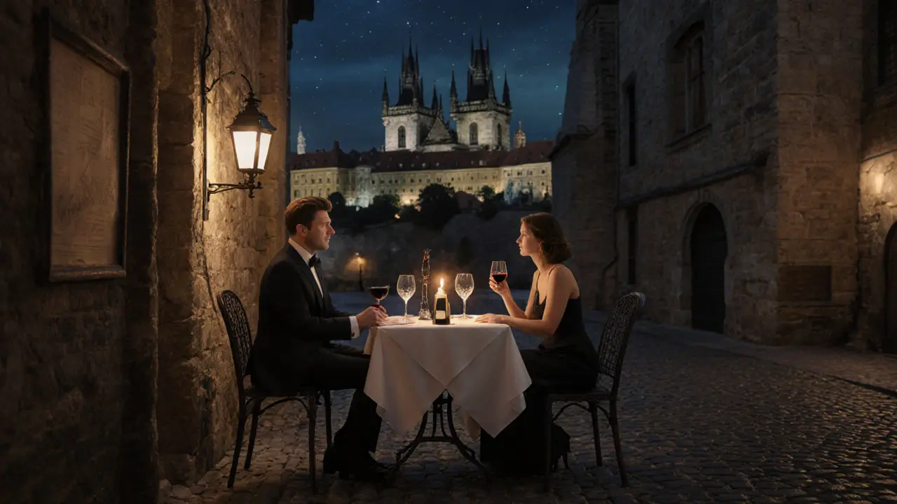 Two people enjoying a quiet candlelit dinner in Prague&#039;s Old Town, with medieval architecture in the background.