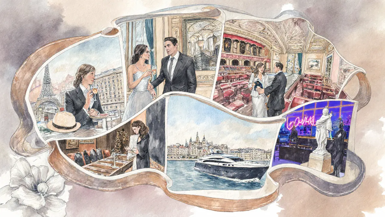 Watercolor collage of diverse European settings showing elegant companionship scenes.