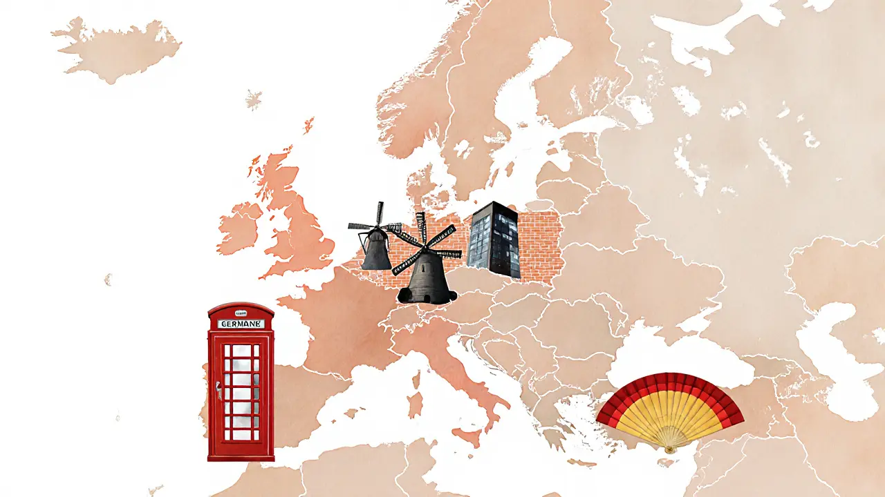 Watercolor map of Europe highlighting UK, Germany, Netherlands, and Spain with cultural icons.
