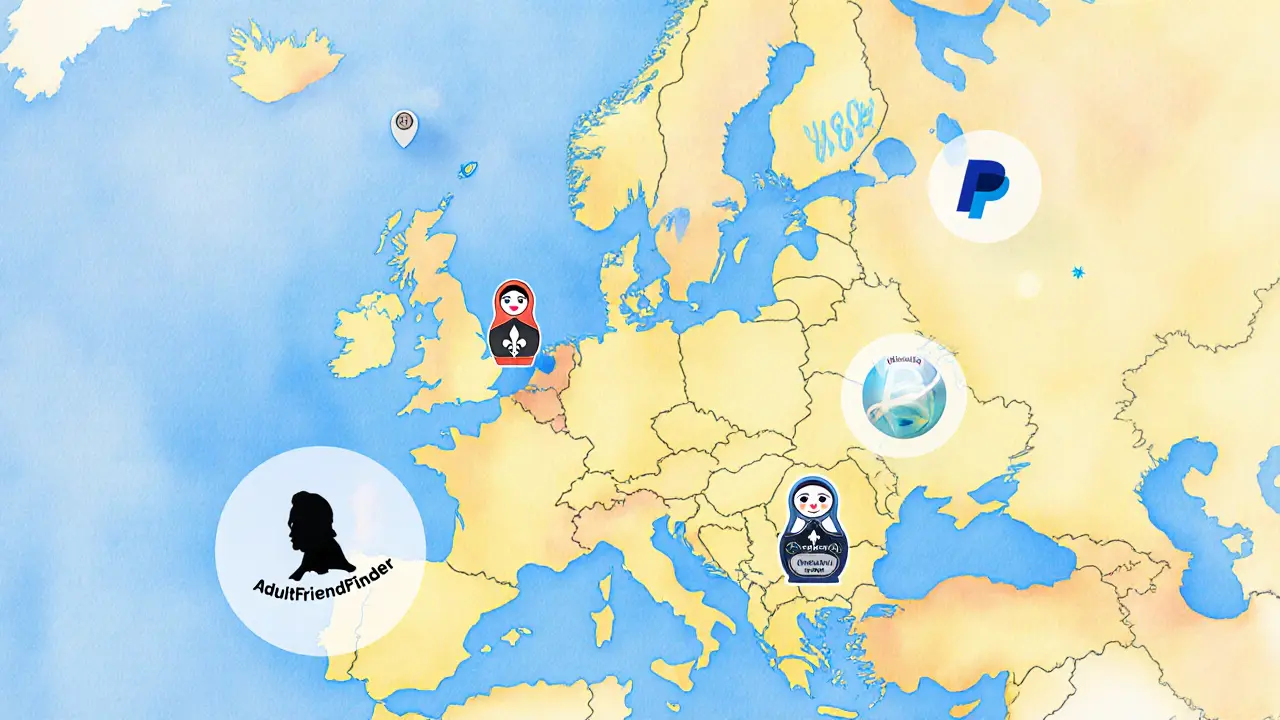 Watercolor map of Europe with icons for top escort sites and payment symbols.
