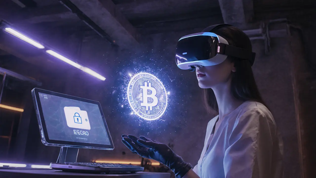 Woman in VR headset and gloves beside a holographic blockchain verification token.
