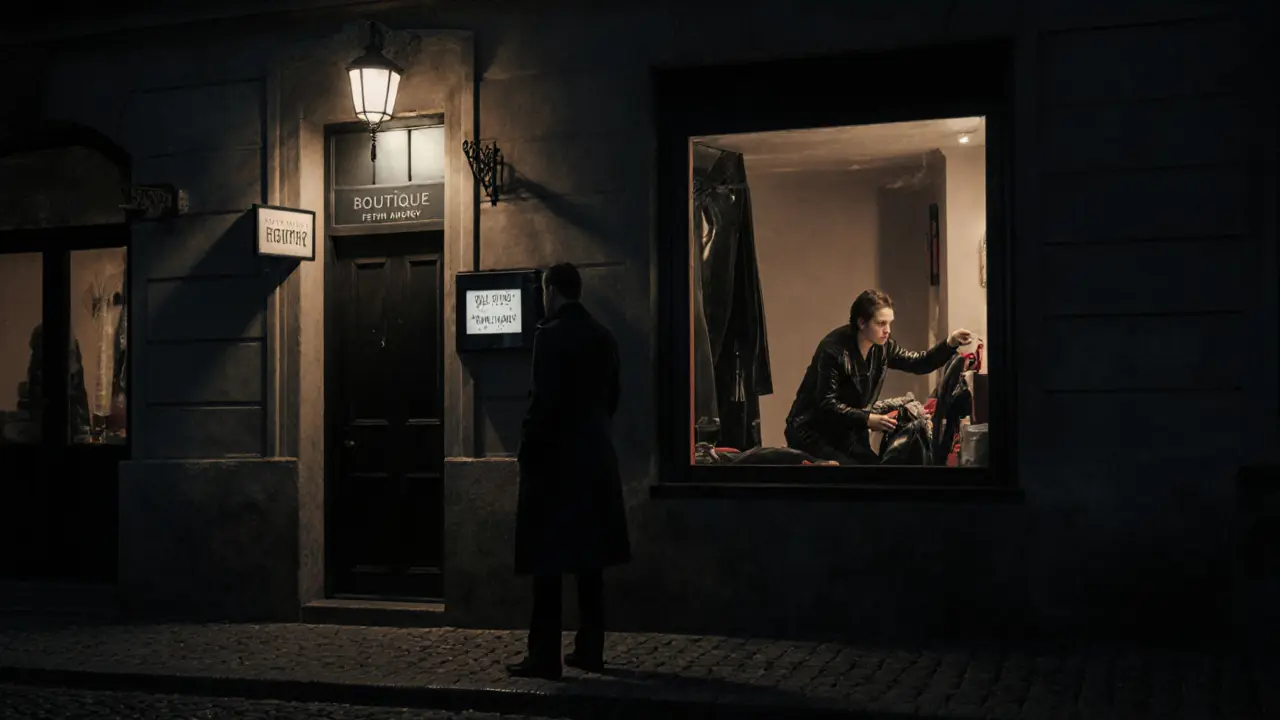 A client approaches a discreet Prague agency entrance at dusk, under a single streetlamp, hinting at privacy and professionalism.