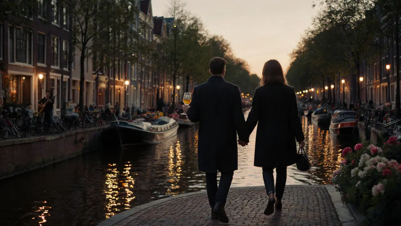 A couple and companion walking along a canal in Amsterdam at dusk, enjoying the city&#039;s charm together.