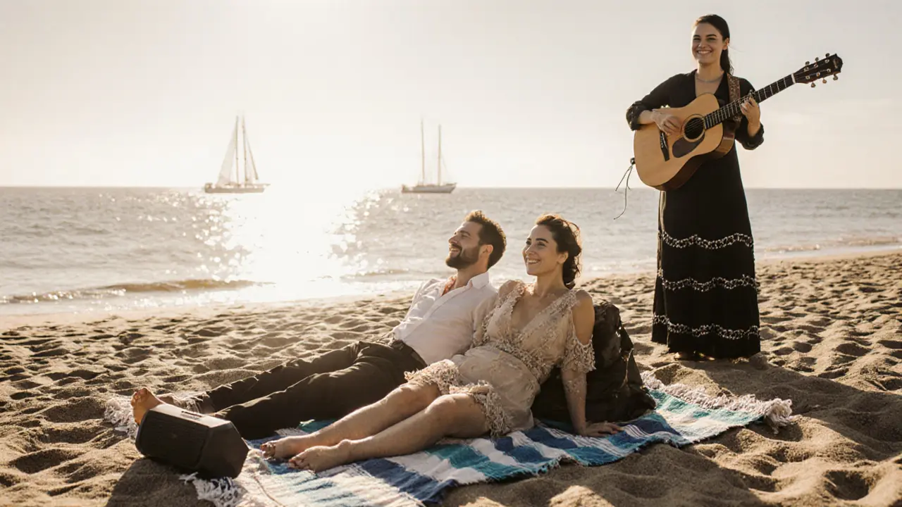A couple relaxing on a Barcelona beach after a private flamenco lesson, bathed in golden sunset light.