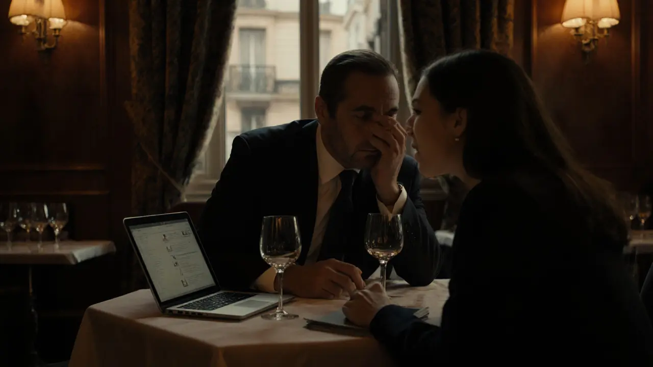 A diplomat whispers to a woman in a Paris bistro, their interaction filled with quiet significance.