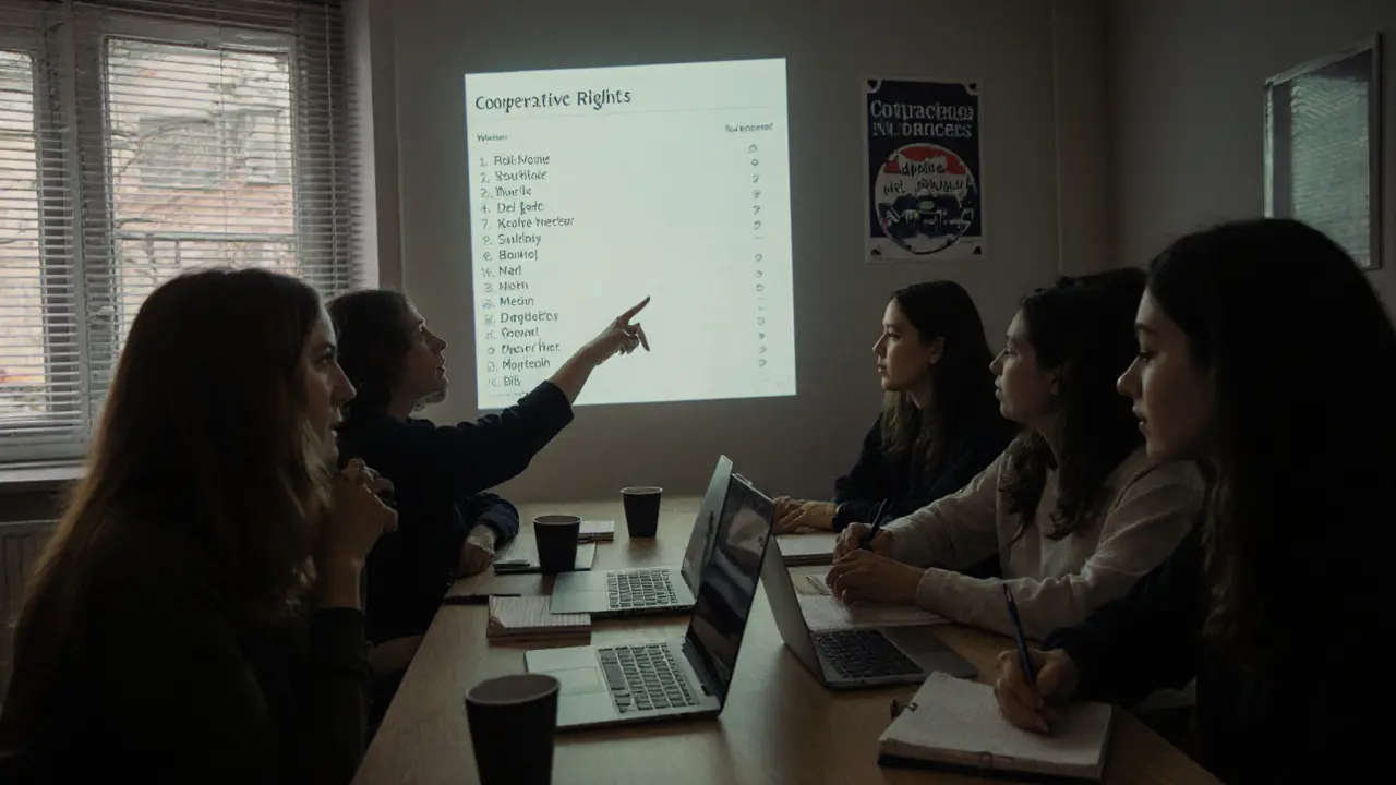 A diverse group of sex workers meet in a Brussels community center, reviewing a shared safety list on a laptop.