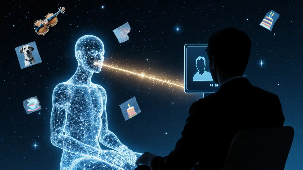 A glowing human figure connected by golden light to a shadowy silhouette through a video call, surrounded by floating memory fragments.